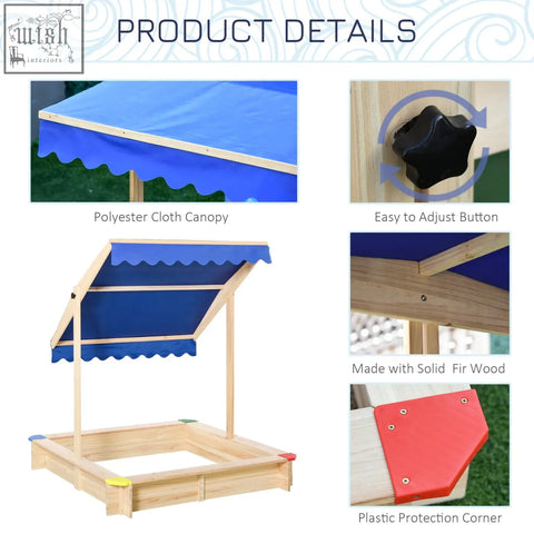 Blue polyester cloth canopy with scalloped edge on fir wood frame for outsunny kids wooden sand pit playset