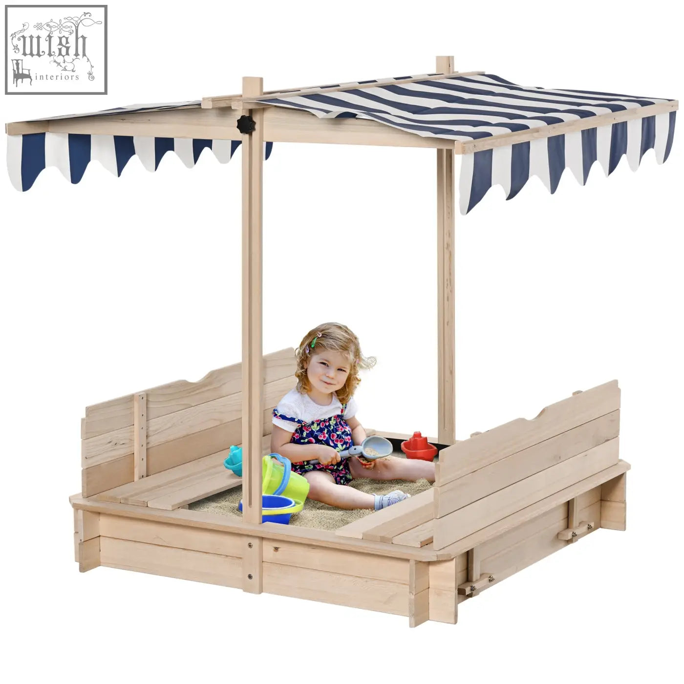 Wooden fir wood sand pit with white and navy striped canopy for kids outdoor play in garden backyard