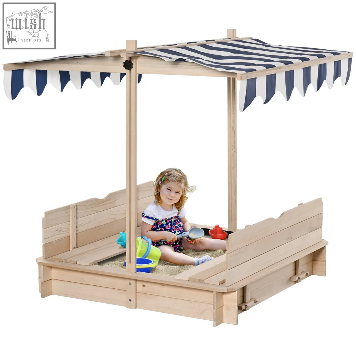 Wooden fir wood sand pit with white and navy striped canopy for kids outdoor play in garden backyard