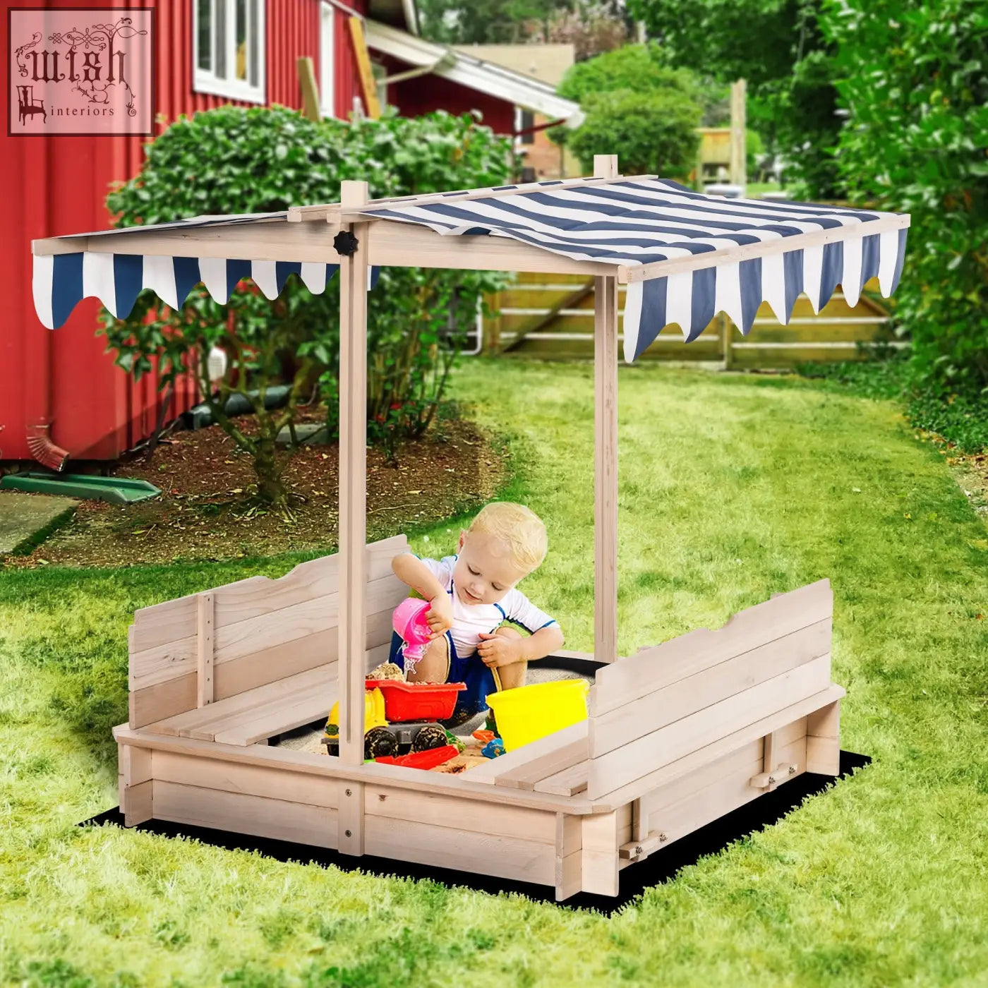 Outsunny kids wooden sand pit with adjustable navy and white canopy and fir wood frame for backyard fun