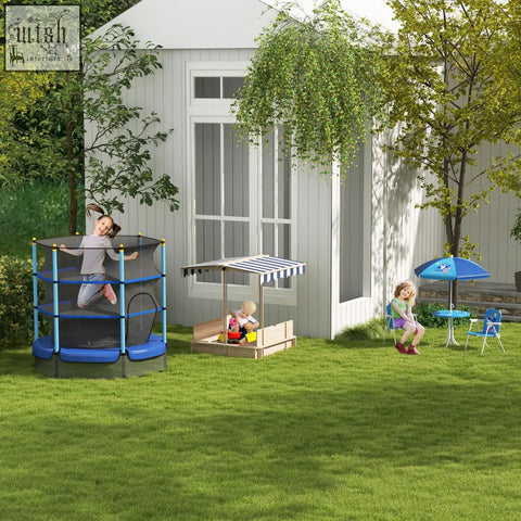 Blue and black round trampoline with safety net shown behind outsunny kids fir wood sand pit with white canopy