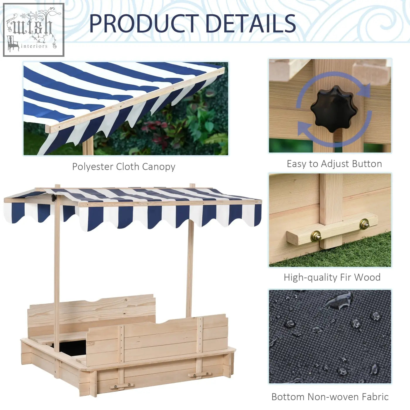 Outsunny kids wooden fir wood sand pit with height adjustable blue and white canopy for outdoor play in garden