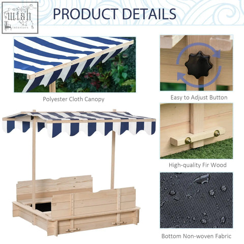 Outsunny kids wooden fir wood sand pit with height adjustable blue and white canopy for outdoor play in garden