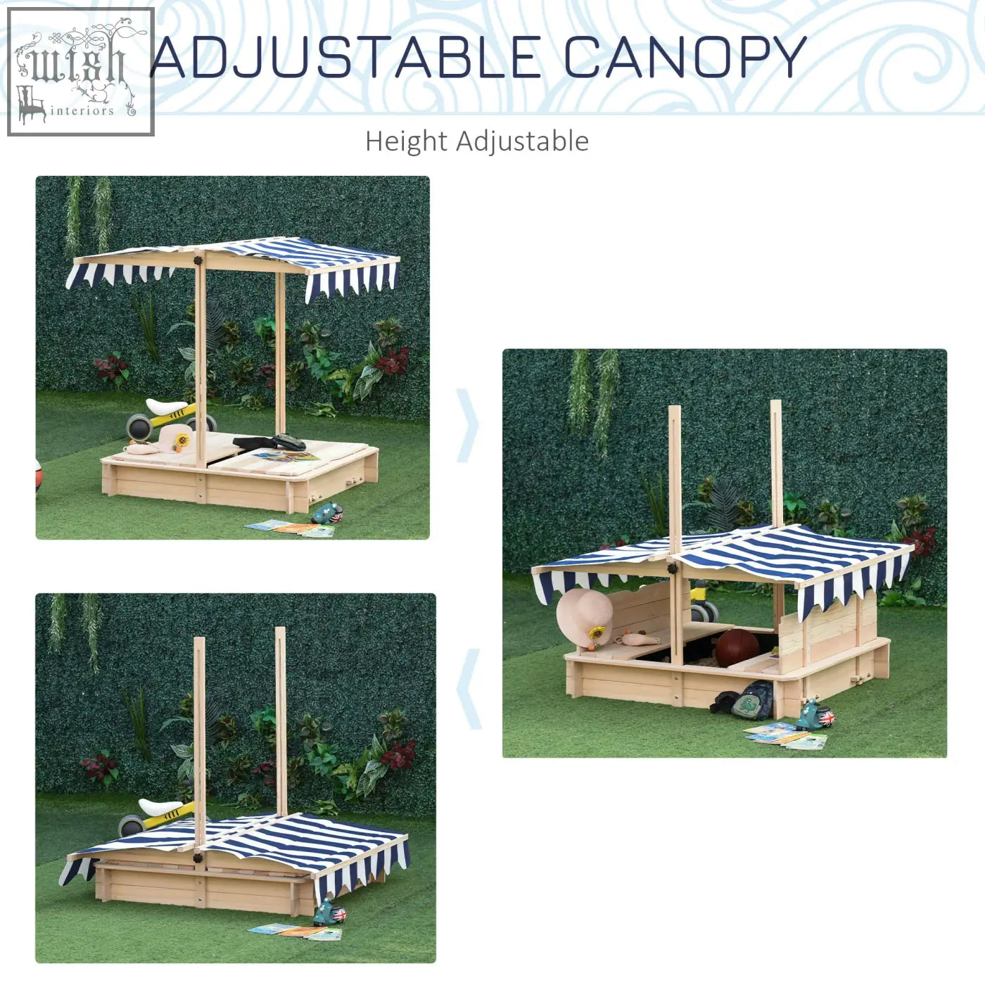 Adjustable fir wood sand pit with blue and white canopy and convertible bench seat for backyard play