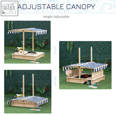 Adjustable fir wood sand pit with blue and white canopy and convertible bench seat for backyard play