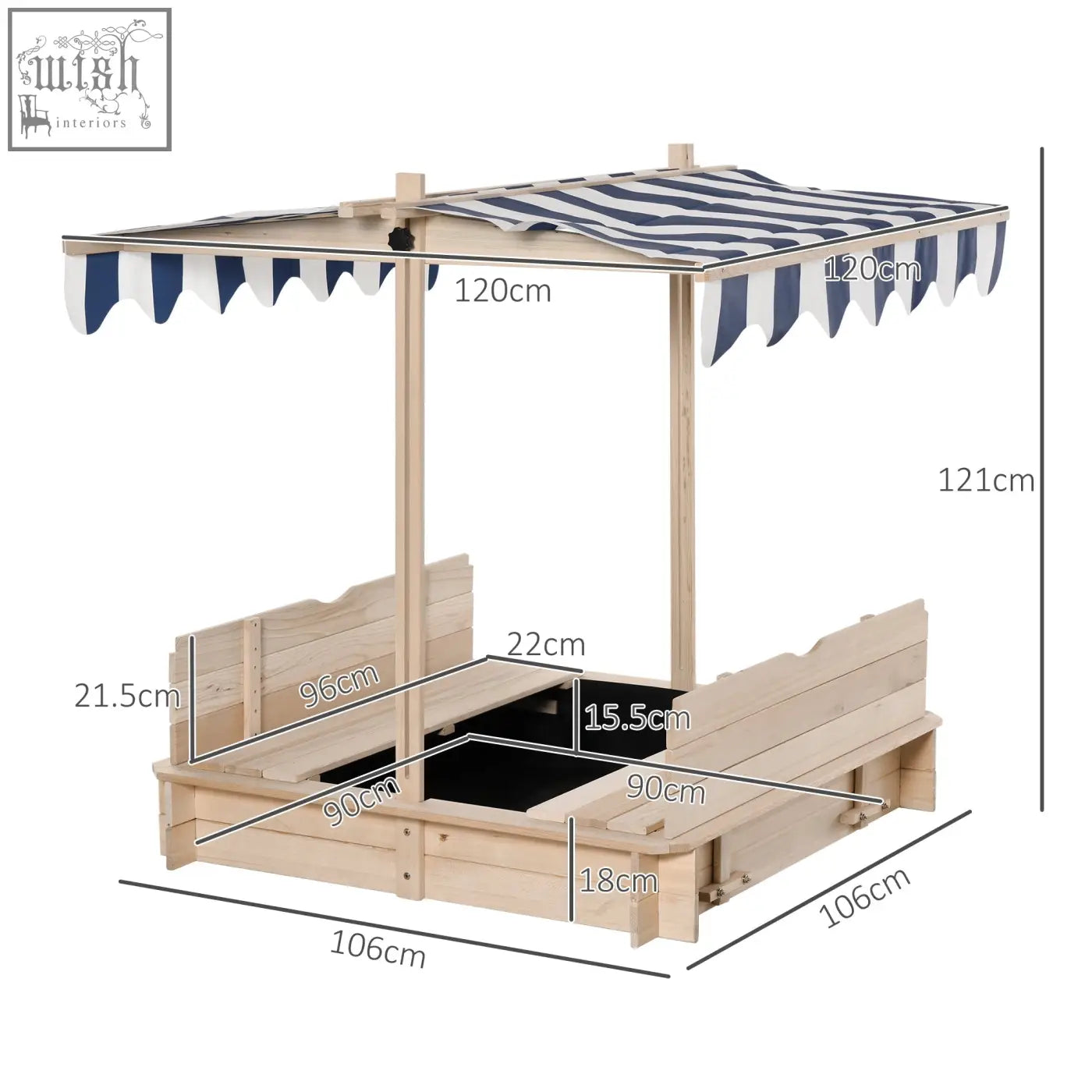 Outsunny kids wooden sand pit made of fir wood with a blue and white canopy for outdoor backyard play