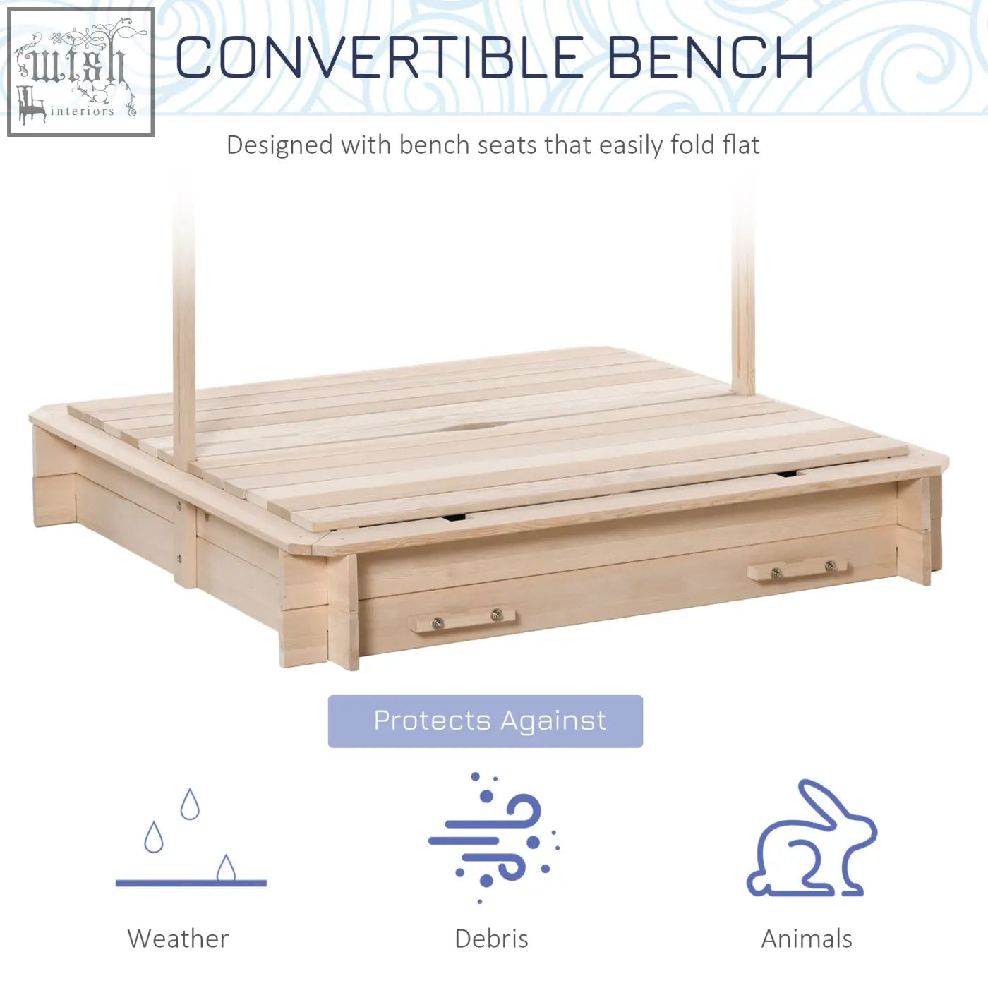 Light-colored fir wood convertible bench with fold-flat seat and storage drawer under white canopy for sand pit play