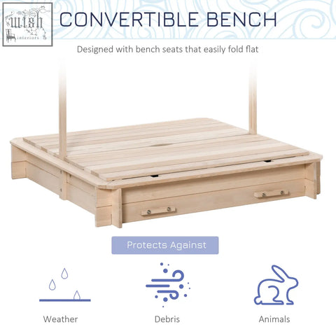Light-colored fir wood convertible bench with fold-flat seat and storage drawer under white canopy for sand pit play