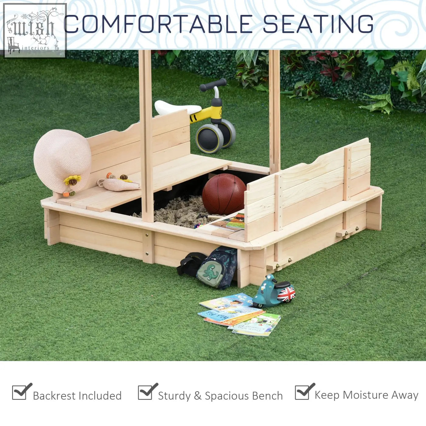 Outsunny kids wooden sand pit made of fir wood with white canopy and built-in bench for outdoor backyard play