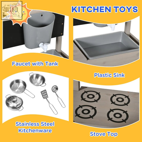 Gray plastic sink with white faucet and tank attachment in outsunny kids wooden sandbox with bottomless design and storage shelf