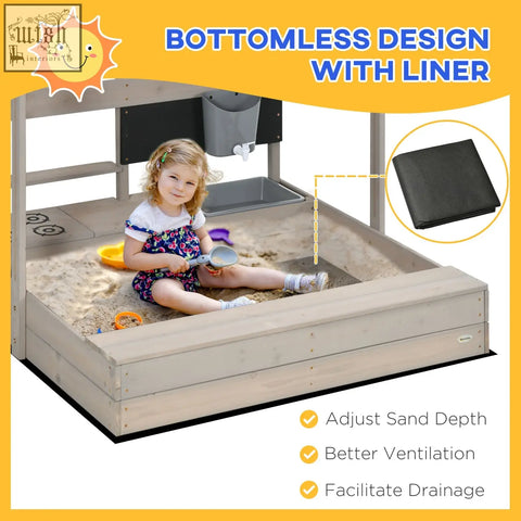 Light gray outsunny kids wooden sandbox with bottomless design storage shelf and adjustable sand depth for outdoor play