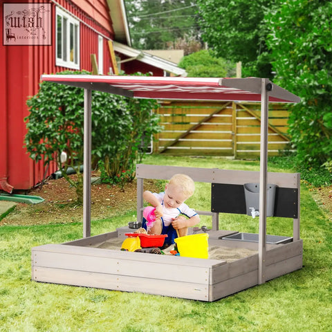 Outsunny kids wooden gray sandbox with red and white striped canopy roof and storage shelf for outdoor play