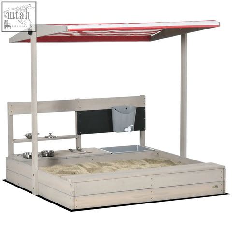 Beige outsunny kids wooden sandbox with red striped canopy built-in kitchen toys storage shelf for outdoor play
