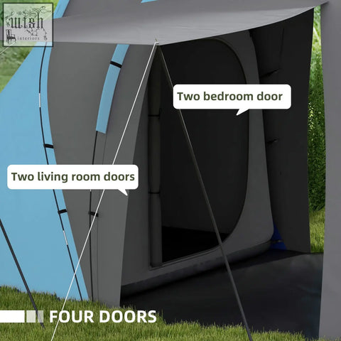 Blue and gray outsunny large camping tent with two bedrooms two living room doors and carry bag included
