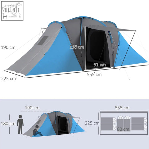 Blue and gray outsunny large camping tent with two bedrooms, spacious awning, and carry bag included for 4-6 man use