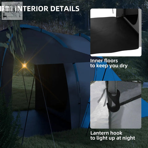Blue and black outsunny large camping tent with two bedrooms, inner floor for dryness, lantern hook, and carry bag included
