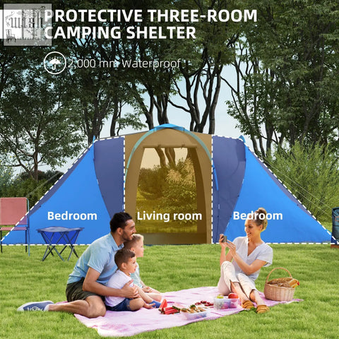 Blue and tan outsunny large camping tent with two bedrooms waterproof design and carry bag included for 4-6 people