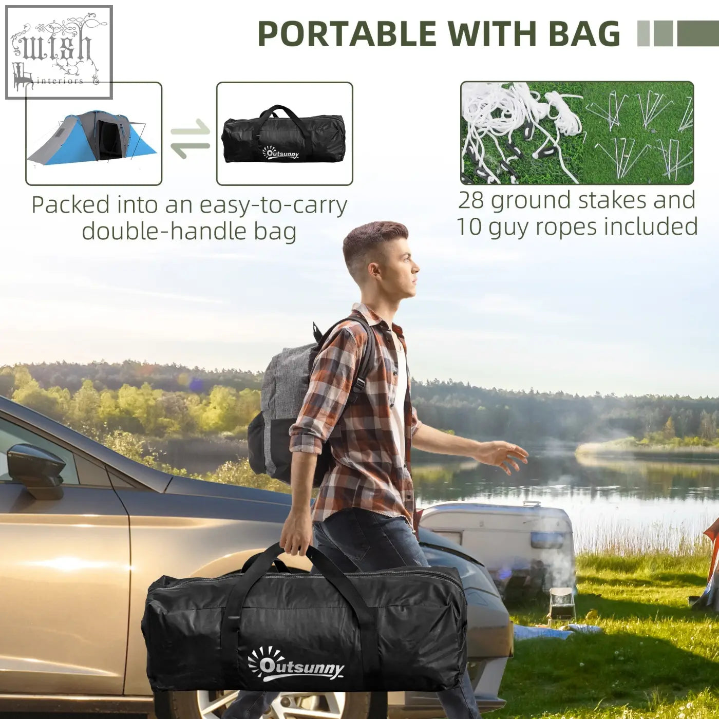 Black outsunny carry bag included for large camping tunnel tent with two bedrooms and 28 stakes plus 10 guy ropes