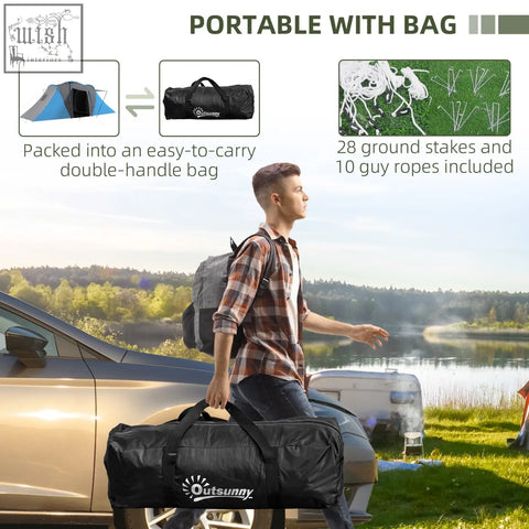 Black outsunny carry bag included for large camping tunnel tent with two bedrooms and 28 stakes plus 10 guy ropes