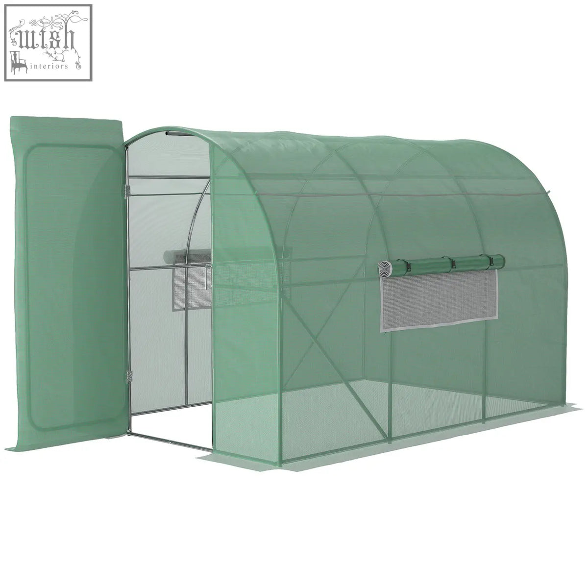 Green mesh greenhouse with arched frame and roll up door featuring a galvanised steel frame for gardening use