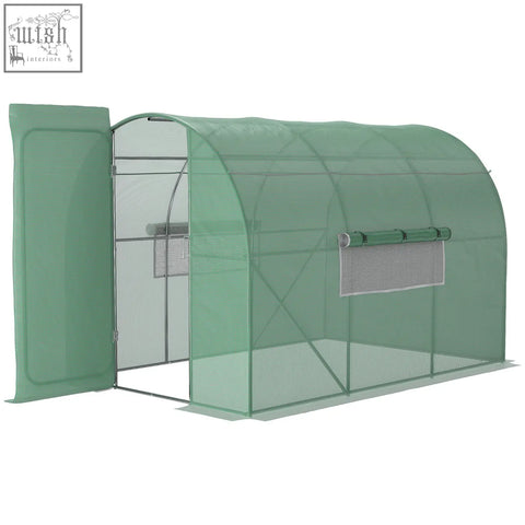 Green mesh greenhouse with arched frame and roll up door featuring a galvanised steel frame for gardening use