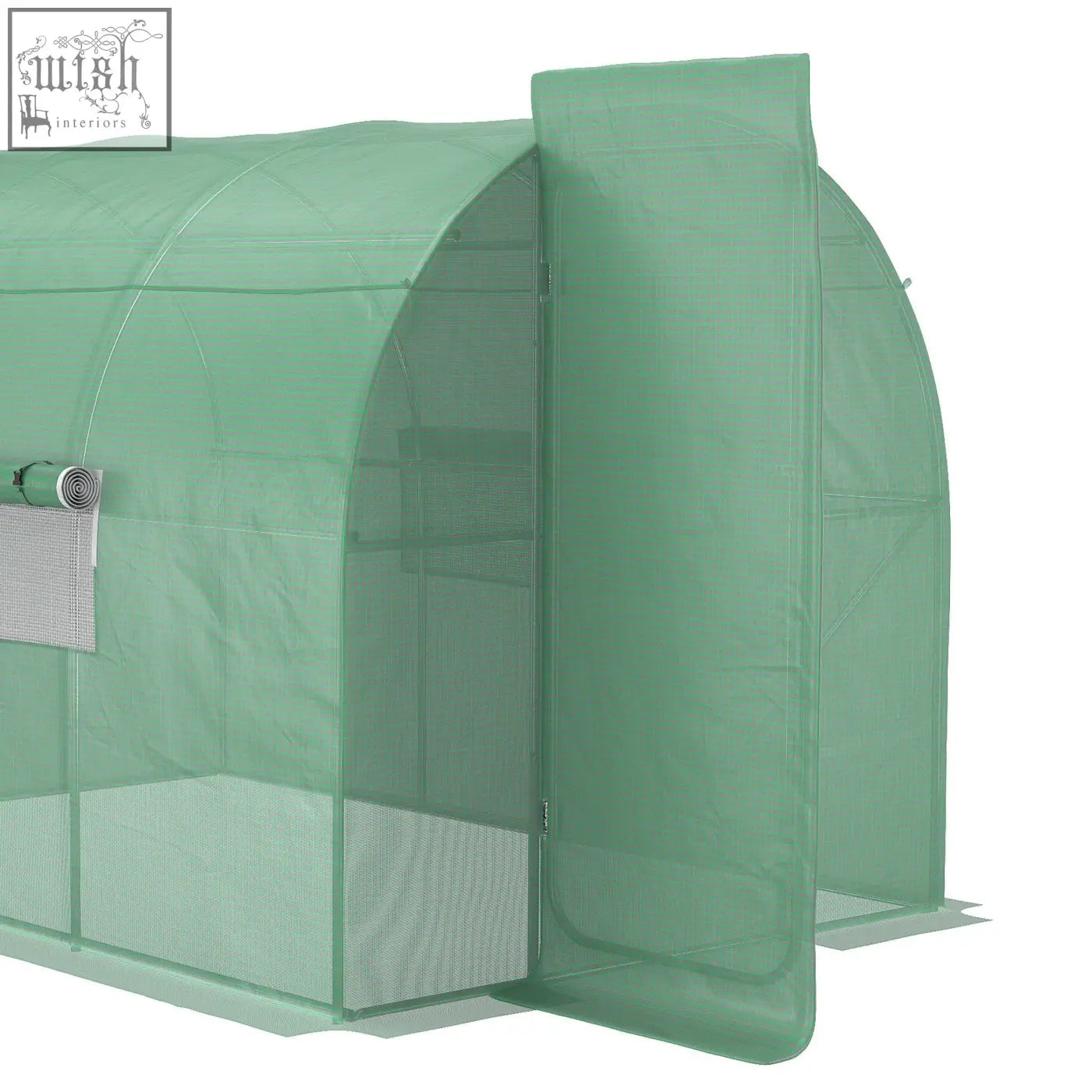 A translucent green outsunny polytunnel walk in greenhouse with mesh windows and a galvanised steel frame