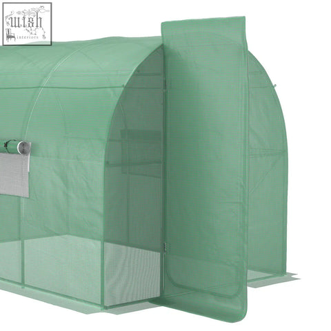 A translucent green outsunny polytunnel walk in greenhouse with mesh windows and a galvanised steel frame