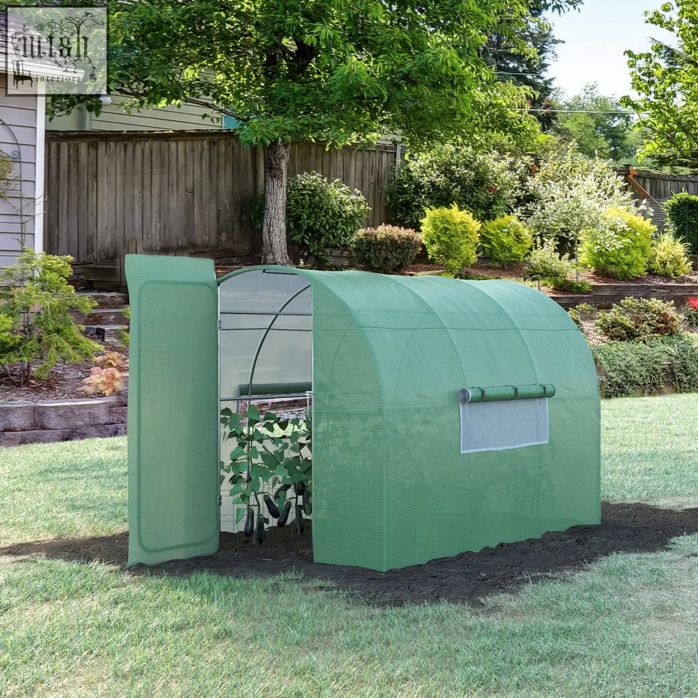 Green fabric outsunny polytunnel greenhouse with arched roof open side door galvanised steel frame and mesh windows