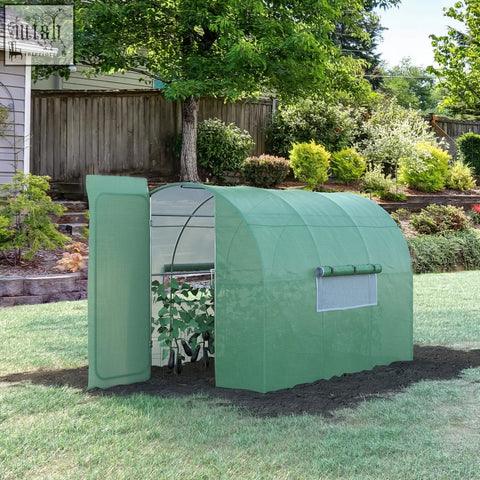 Green fabric outsunny polytunnel greenhouse with arched roof open side door galvanised steel frame and mesh windows