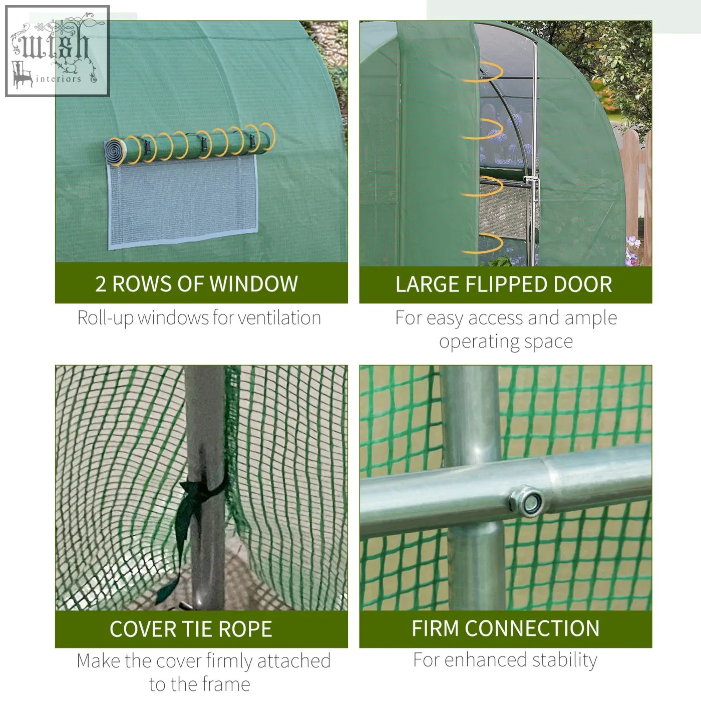 Green fabric greenhouse with galvanised steel frame roll-up windows and hinged door for easy gardening access