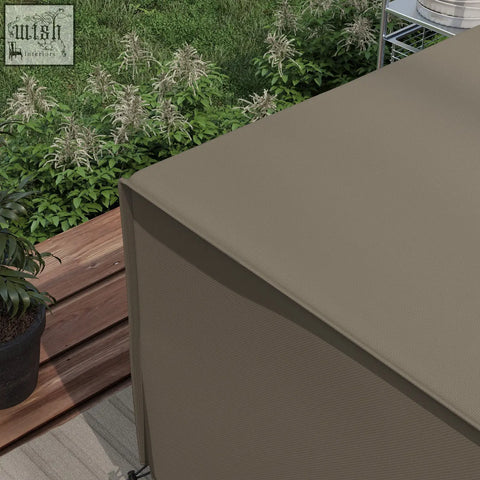 Tan fabric outdoor cover with textured weave and reinforced edges for 230x230cm garden furniture set with plastic coating