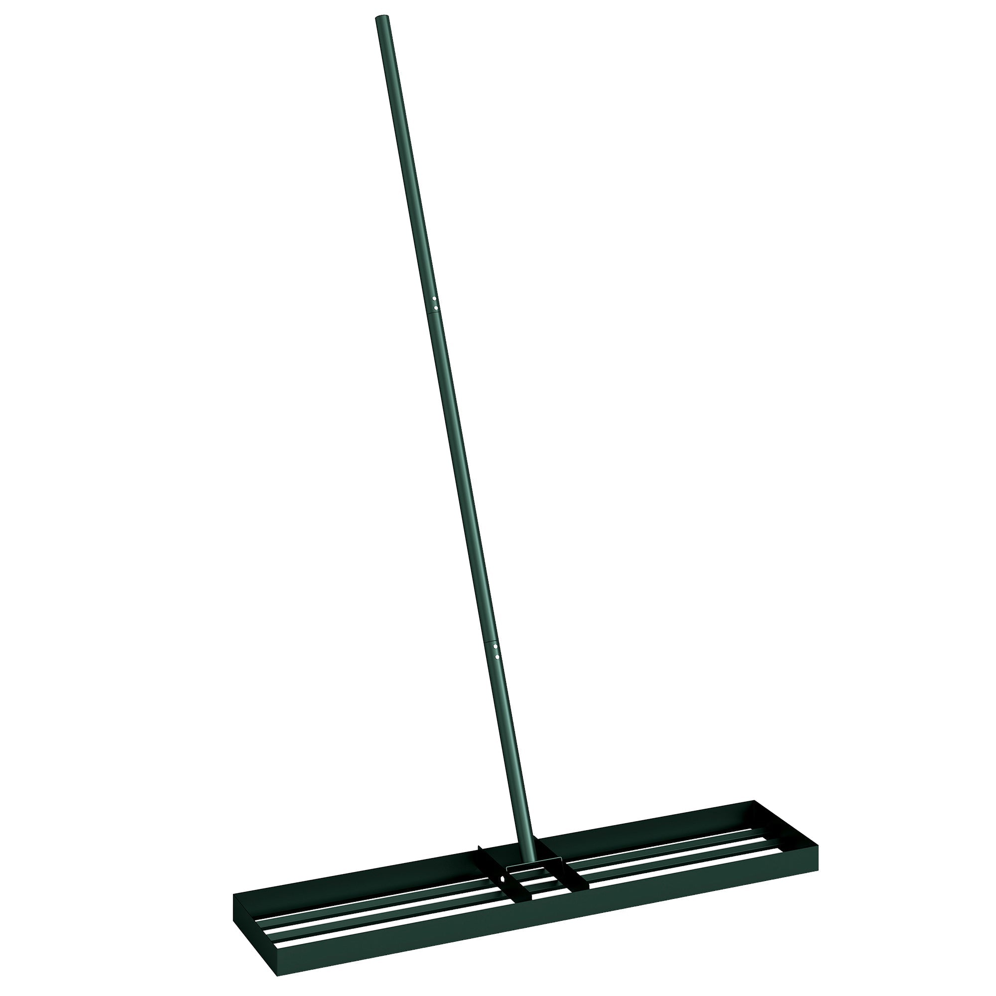 Dark green metal lawn levelling rake with long handle and flat slatted head for lawn levelling and yard work