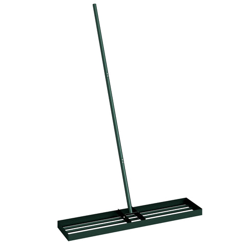 Dark green metal lawn levelling rake with long handle and flat slatted head for lawn levelling and yard work
