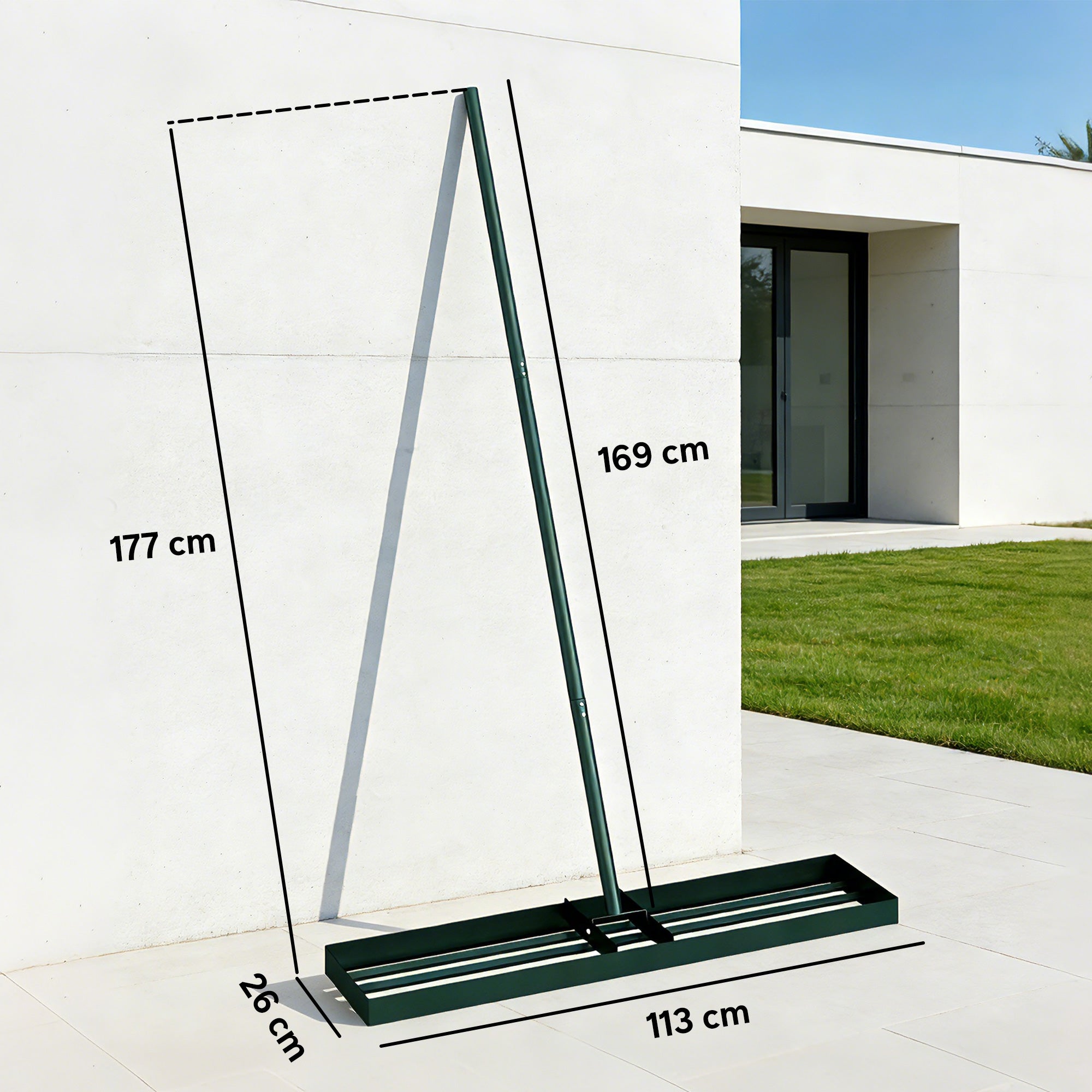 Green metal lawn levelling rake with long 169 cm handle and wide slatted head for grass soil and sand leveling
