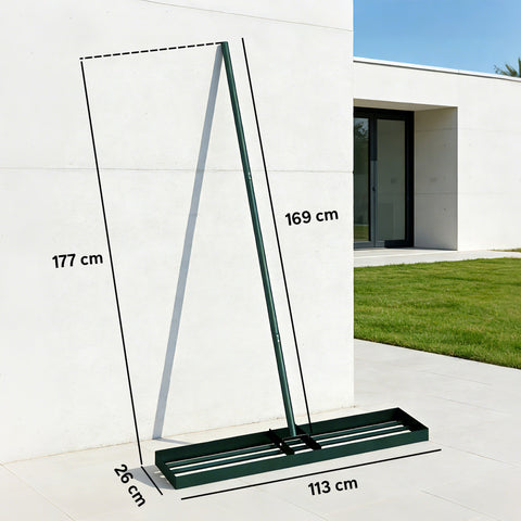 Green metal lawn levelling rake with long 169 cm handle and wide slatted head for grass soil and sand leveling