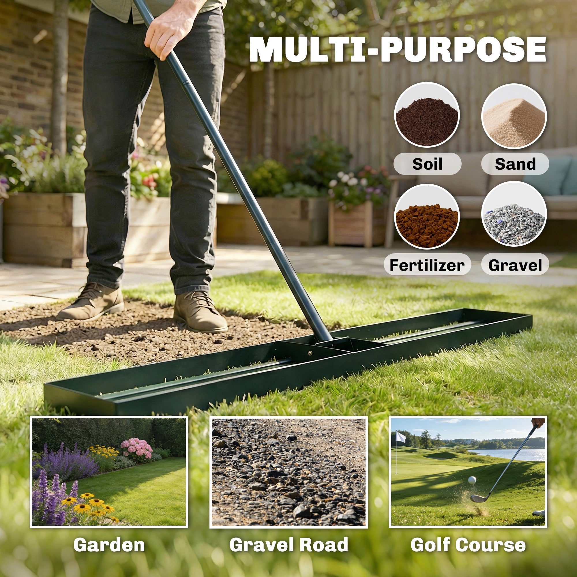 Green metal outsunny lawn levelling rake with long handle for spreading soil sand and gravel on lawns and golf courses