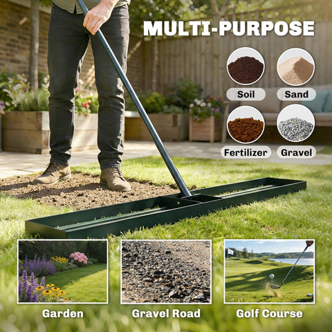 Green metal outsunny lawn levelling rake with long handle for spreading soil sand and gravel on lawns and golf courses