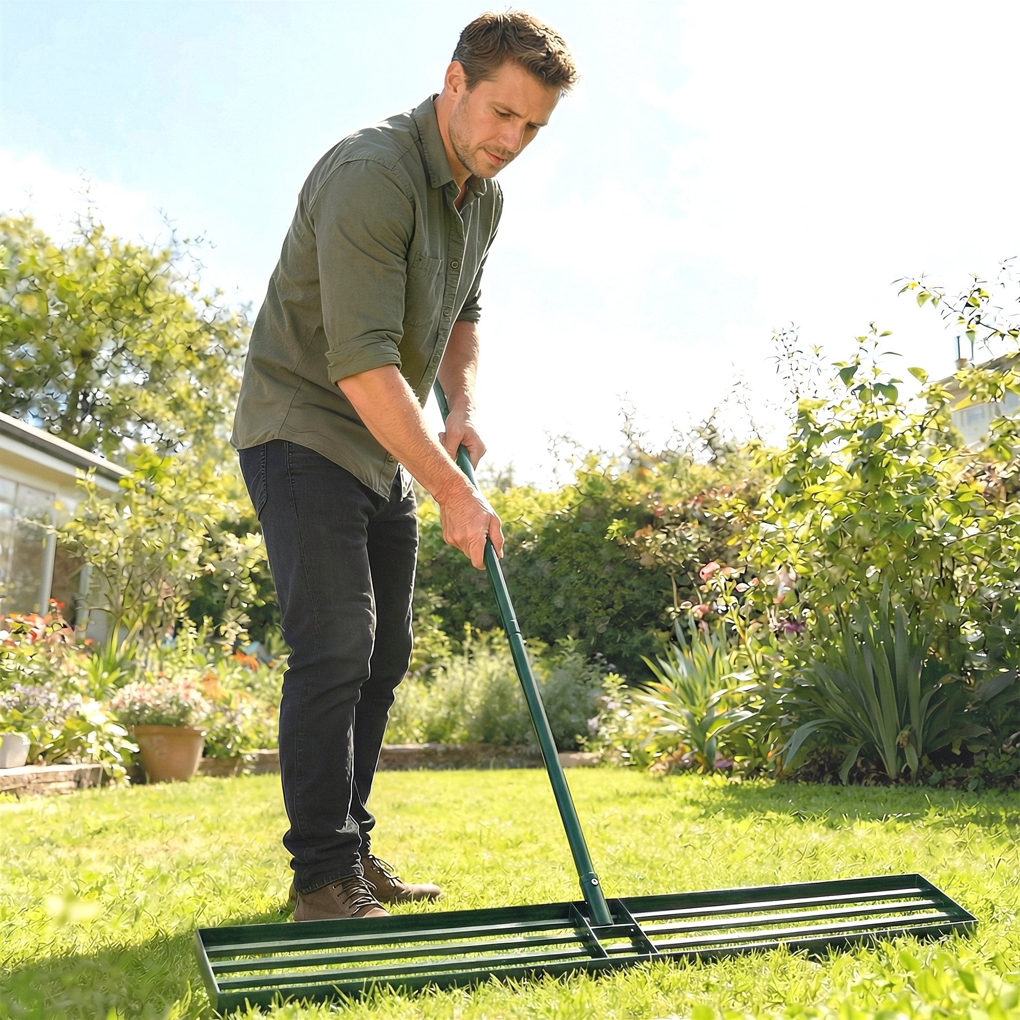 Green metal lawn levelling rake with long 169 cm handle and multiple tines for grass soil sand yard use