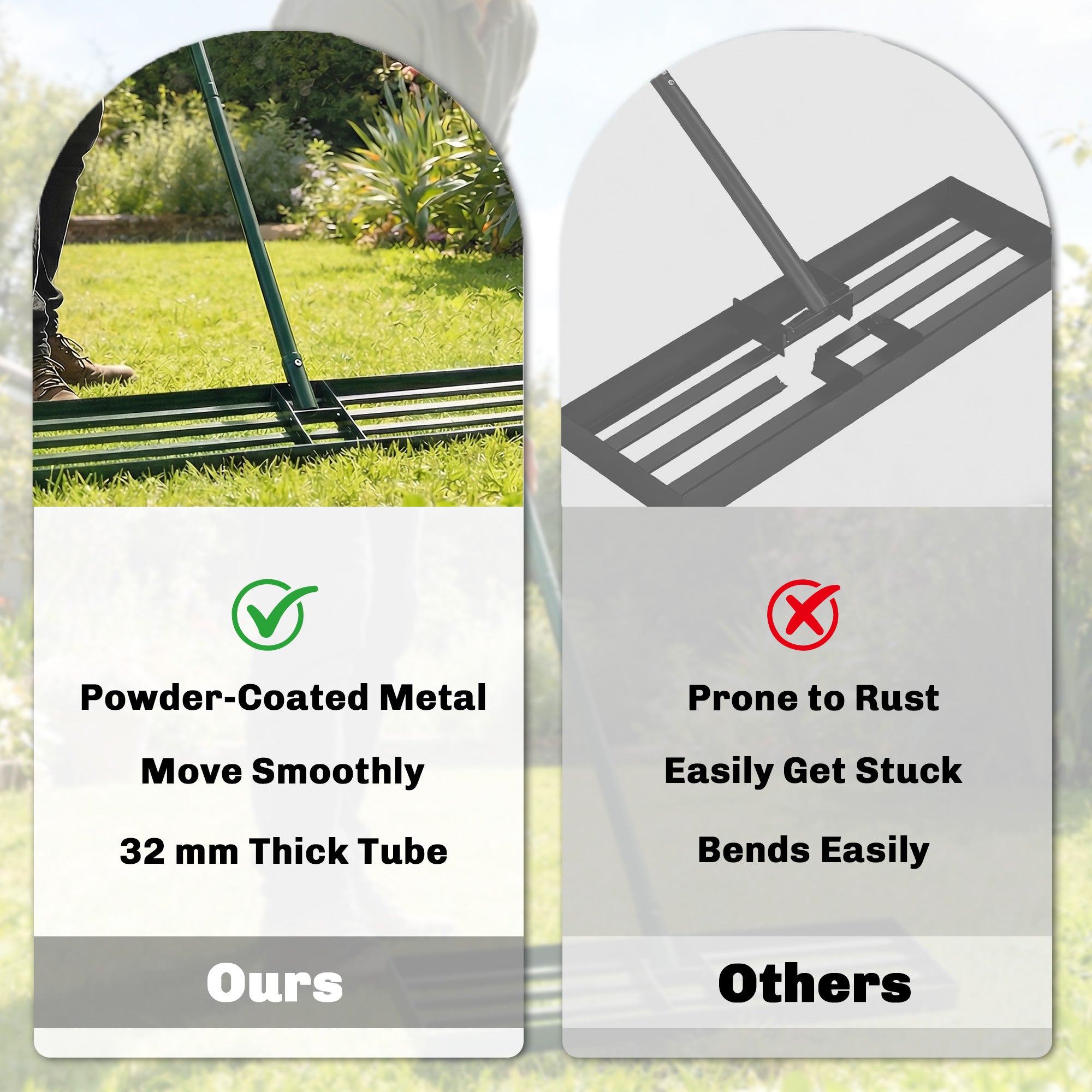 Green powder-coated metal lawn levelling rake with 32 mm tube and 169 cm handle for grass soil and sand yards