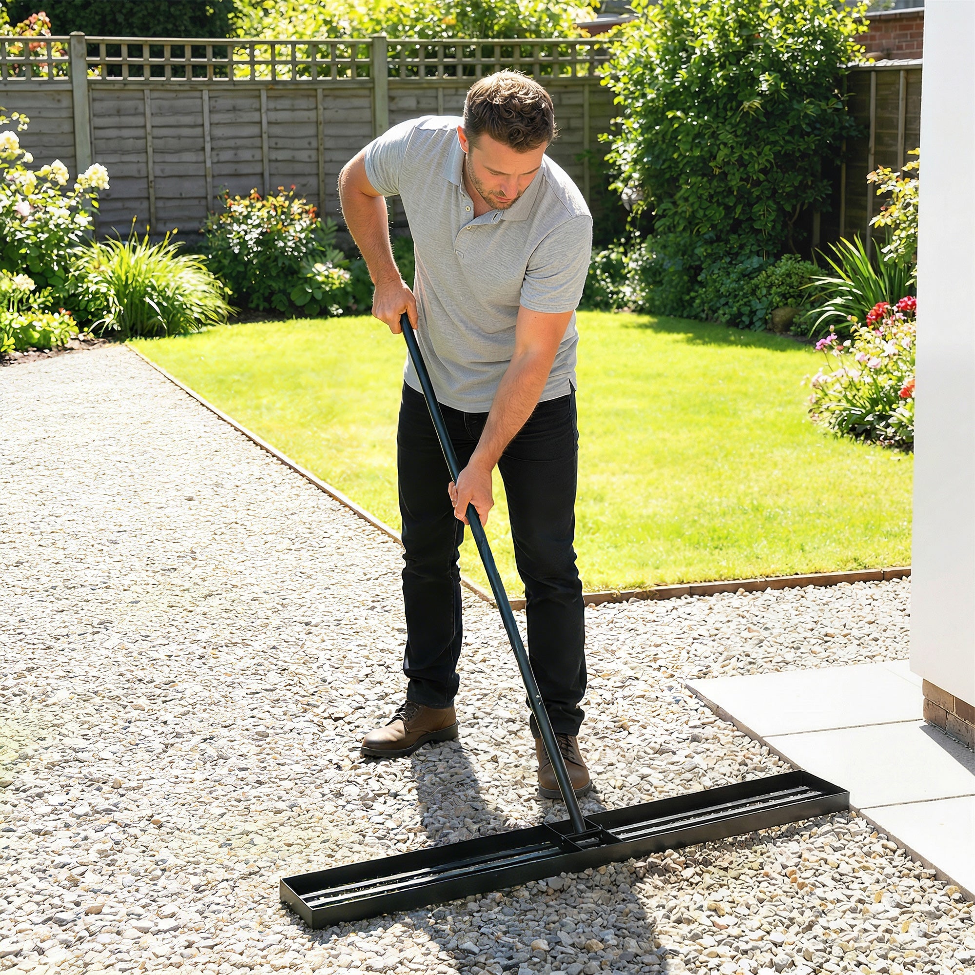 Black metal lawn levelling rake with long handle and wide flat head for leveling gravel grass soil and sand outdoors
