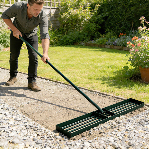 Green metal lawn levelling rake with long handle and slatted head for grass soil sand and yard use by outsunny