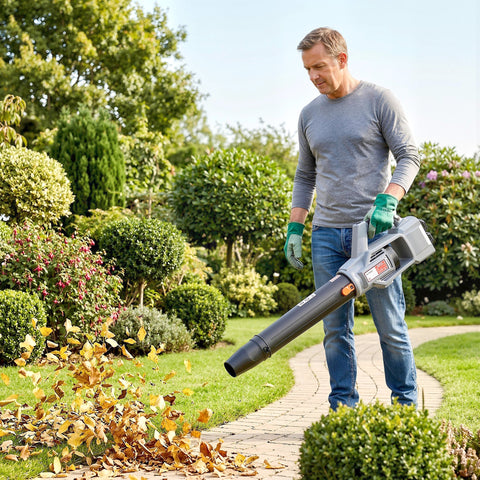 Gray and black cordless leaf blower with orange accents featuring a 1000w brushless motor and 2 x 4000mAh batteries