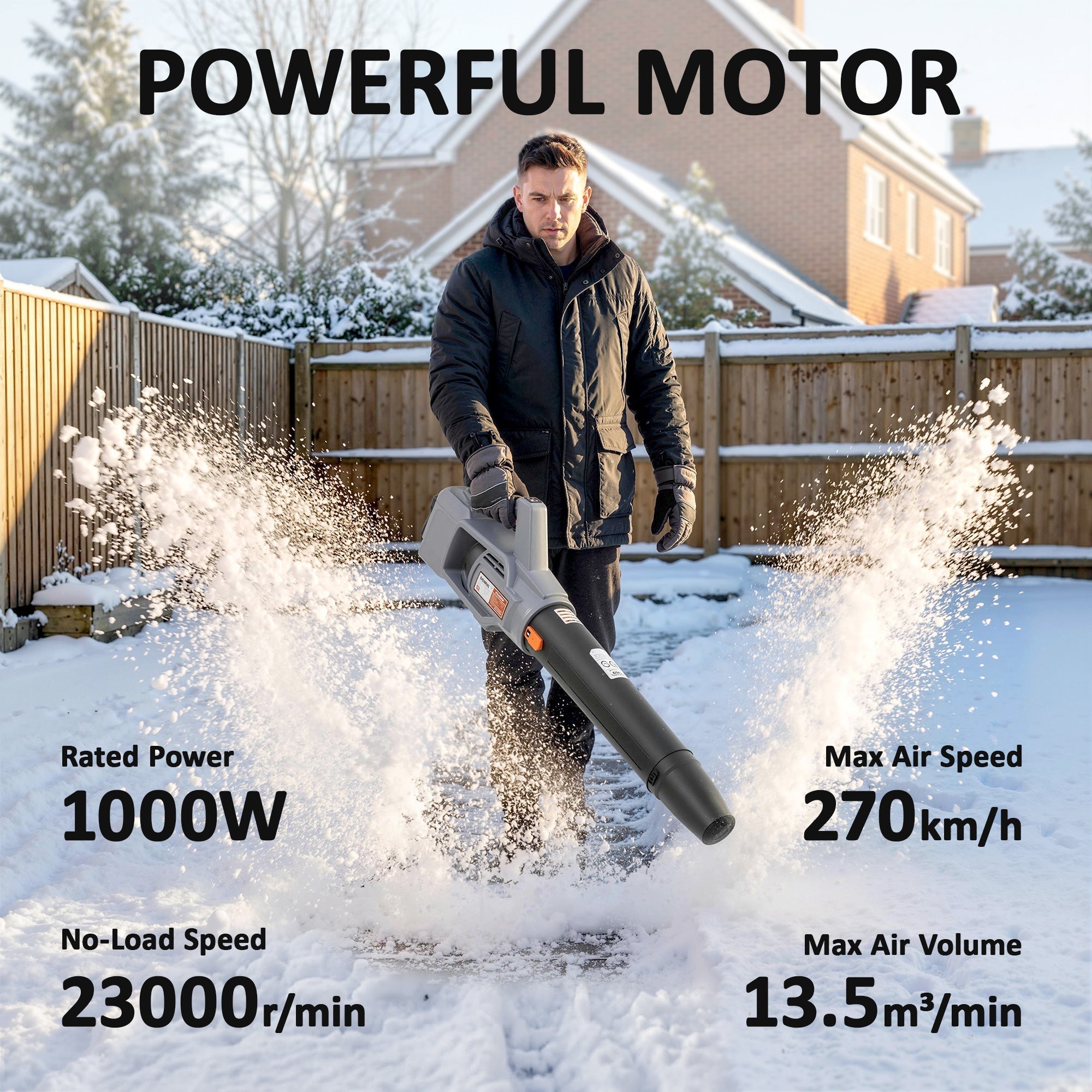 Black and gray cordless leaf blower with orange accents featuring a 1000w brushless motor for garden use