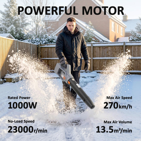 Black and gray cordless leaf blower with orange accents featuring a 1000w brushless motor for garden use