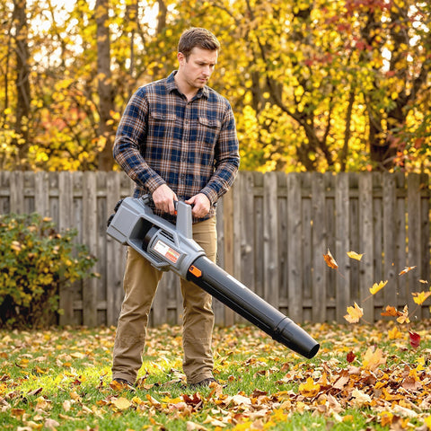 Gray and black cordless outsunny leaf blower with 1000w brushless motor and ergonomic design for garden use