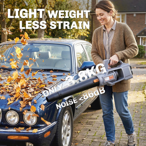 Gray cordless outsunny leaf blower with black nozzle and 1000w brushless motor for quiet lightweight use