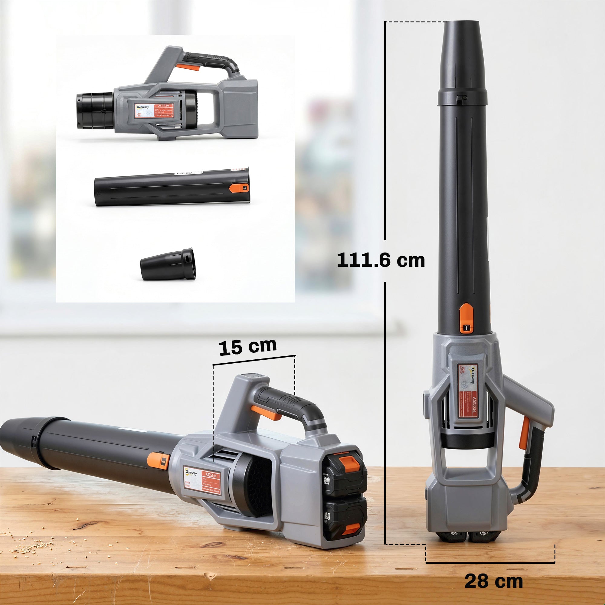 Gray and black outsunny leaf blower cordless with orange accents 1000w brushless motor durable plastic body detachable nozzle