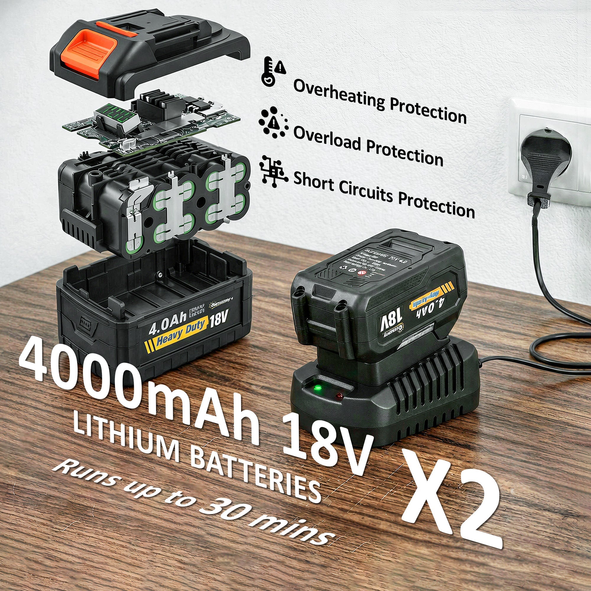 Black 18v lithium-ion batteries with orange accents for outsunny leaf blower with 1000w brushless motor and charger