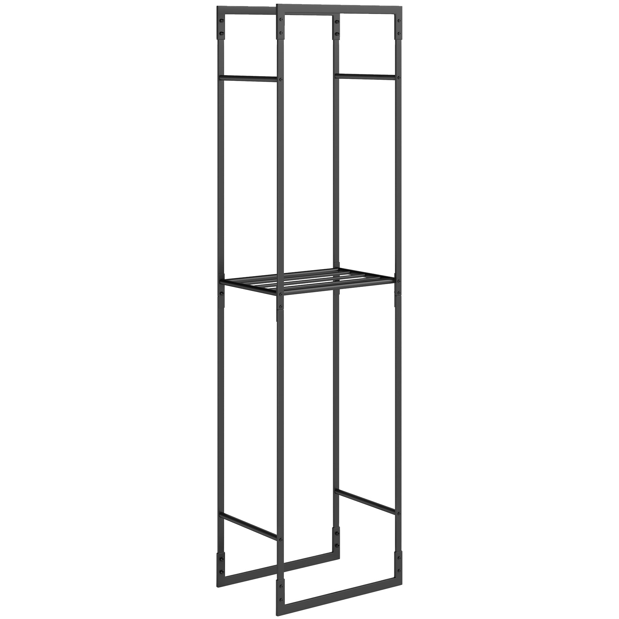 Black metal Outsunny log storage rack with two open adjustable shelves and a minimalist frame for indoor outdoor use