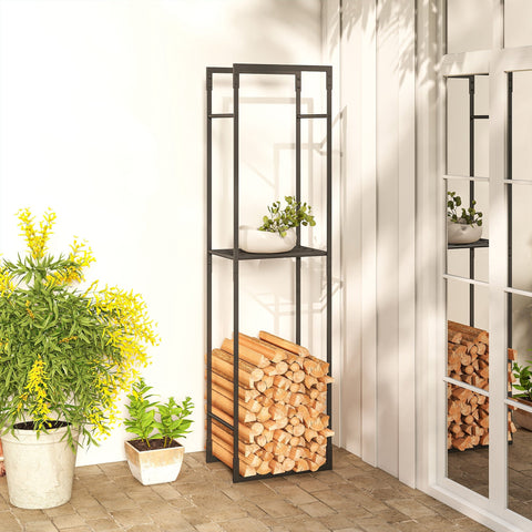 Outsunny black metal firewood log holder with adjustable shelves and log storage rack for indoor outdoor use